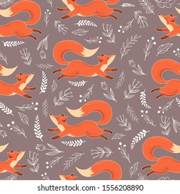 Running red foxes with white flowers on a gray background. Seamless pattern