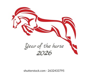 Running red horse symbol of new year 2026 according to Asian Chinese calendar. Vector greeting card or banner. 