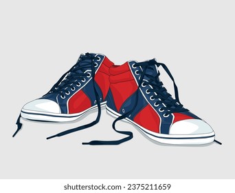 Running red shoes with untied lacess on a white background. Vector illustration.