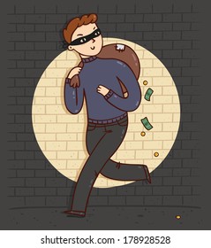 Running robber character with a bag full of money
