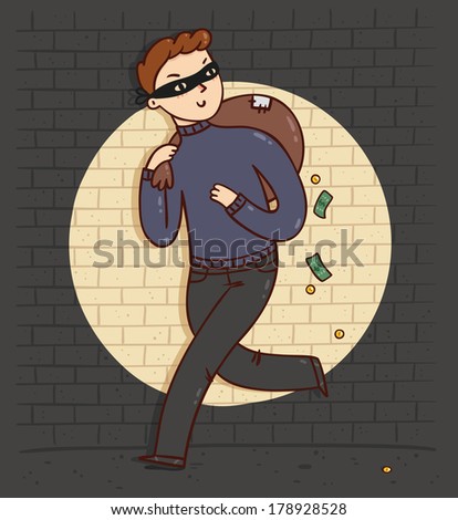 Running robber character with a bag full of money