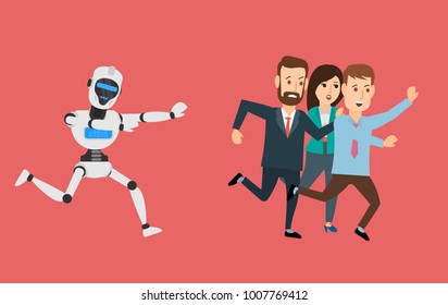 running robot android pursuing  chasing business people