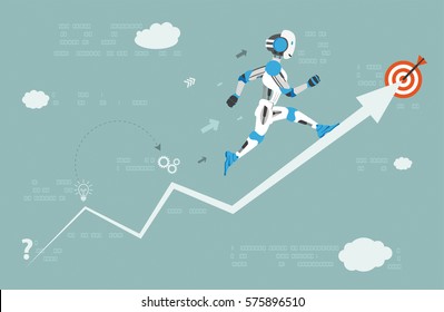 Running robot cartoon on the arrow background. Eps 10 vector file.