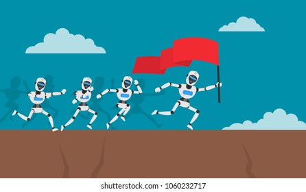 running robots humanoid with flag. revolt of machines
