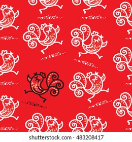 Running Rooster on Red Background. Vector Seamless Pattern.