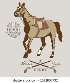 running rorse with saddle,bridl, crop and horseshoe, vector illustration