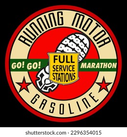 RUNNING ROUND LOGO WITH FOOT PRINT DRAW AND RUNNING MOTOR, GASOLINE, MARATHON WRITINGS