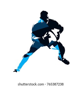 Running rugby player, abstract blue vector silhouette