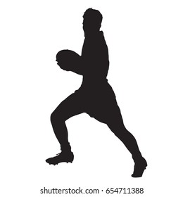 Running rugby player with ball, vector silhouette