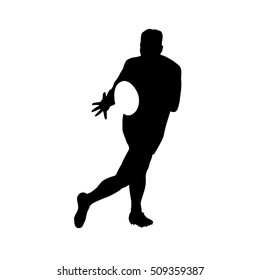 Running rugby player catching ball, vector silhouette