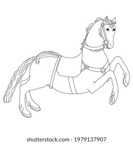 Running saddled white horse. Black and white linear silhouette.