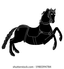 Running saddled white horse. Black and white negative silhouette.