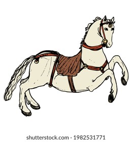 Running saddled white horse. Hand drawn colorful rough doodle sketch.