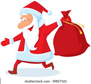 Running santa with a bag of gifts