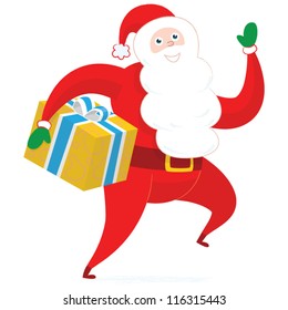 Running Santa, carrying a present on white background.
