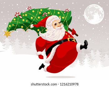 Running Santa Claus carrying christmas tree