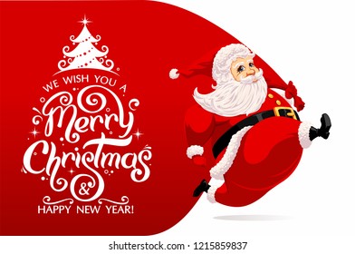 Running Santa Claus carrying huge bag full of gifts 