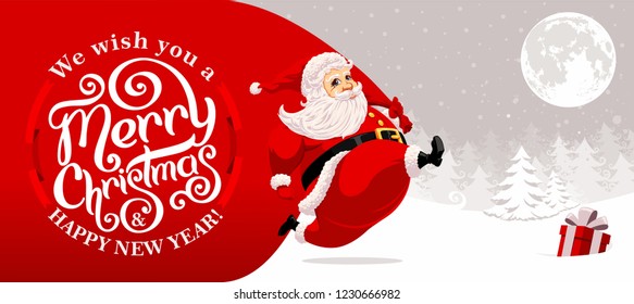 Running Santa Claus carrying huge bag full of gifts 