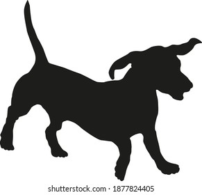 Running sausage dog puppy. Black dog silhouette. Dachshund or wiener dog. Isolated on a white background. Vector illustration.