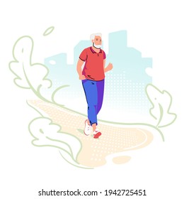 Running senior elderly man on green city background. Sport, fitness for pensioner. Old person with Active lifestyle. Run in park outside. Healthy outdoor jogging. Vector illustration flat style