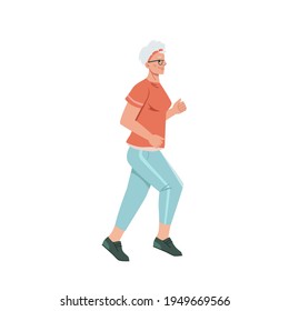 Running Senior Woman In Casual Cloth Isolated Jogging Old Lady Cartoon Style Character, Middle Age Female, Side View. Vector Pensioner Sportive Jogger Run Workout, Movement Motion, Sport Trainings