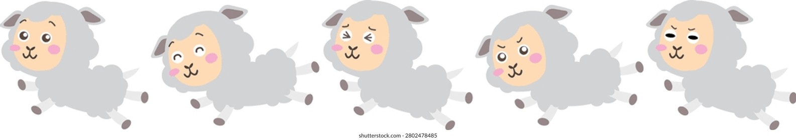 Running Sheep Character Set with Five Emotional Expressions and Cute Mascot Poses