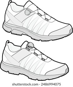 Running shoe angle view technical illustration design template for tech packing or CAD featuring a rotary lacing system