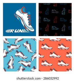 Running shoe designs. Set of seamless sport patterns and running shoe symbol.