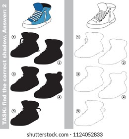 Running Shoe to find the correct shadow, the matching educational kid game to compare and connect objects and their true shadows, simple gaming level for preschool kids.