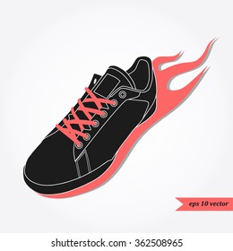 running shoe with fire. Sport and fitness logo, icon or symbol