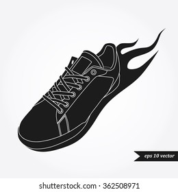 running shoe with fire. Sport and fitness logo, icon or symbol
