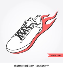 running shoe with fire. Sport and fitness logo, icon or symbol