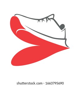Running shoe heart symbol on white backdrop. Loving sport concept