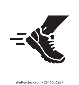 Ícone de sapato de corrida com linhas de velocidade que representam a rápida jogging atletic fitness e exercício de cardio para um estilo de vida saudável e maratona de treinamento vetor ícone de glifo sólido