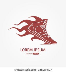 Running shoe icons, sneaker or sports shoe with speed fire trails
