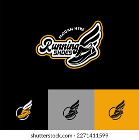 Running shoe logo template, modern concept lettering logo design, with shoe and wing icon