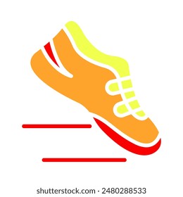 Icono de zapatillas de running. Zapatilla naranja, acentos amarillos, suela roja, calzado deportivo, atletismo, ejercicio, fitness, competición, velocidad, movimiento.