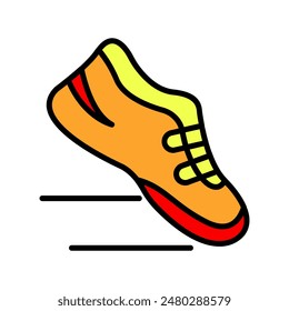 Icono de zapatillas de running. Zapatilla naranja, acentos amarillos, suela roja, calzado deportivo, atletismo, ejercicio, fitness, competición, velocidad, movimiento.