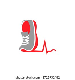 Running shoe symbol with a cardiogram on white backdrop. Design element