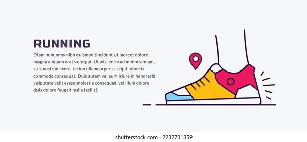 Running shoe symbol with copy space, Marathon tournament banner template. Fitness, athlete training for healthy life concept, Minimal flat line illustration design