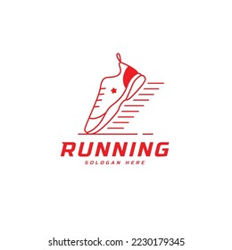 Running shoe symbol logo, Marathon tournament logptype template. Fitness, athlete training for life symbol, shoe icon