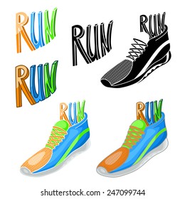 Running shoe and word 'RUN' elements set - vector illustration