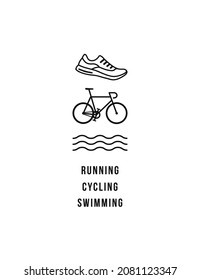 Running shoes, bicycle and water waves, triathlon running cycling swimming simple modern logo icon sign symbol poster banner design. Vector illustration