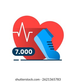 Running shoes with heartbeat and 7000 number. flat illustration promoting daily steps goal for cardiovascular health, fitness, and heart strength. infographics, medical blogs, and wellness campaign