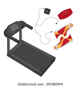 Running Shoes, Music Player, Head Band And Treadmill Icon Isolated On The White Background. Sports Equipment Illustration Set For Gym Or Fitness Club Flayers. 