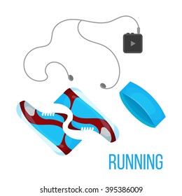 Running Shoes, Music Player And Head Band Icon Isolated On The White Background. Sports Equipment Illustration Set For Gym Or Fitness Club Flayers. 