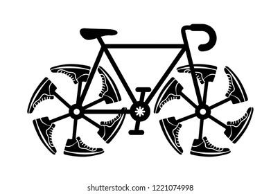 Running shoes on bike wheel icon. Original speed logo. Simple illustration of fitness and sport, gym shoe. Vector sign shop graphics on white background.