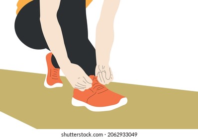 Running shoes runner tying laces for run on the road. Runner trying running shoes getting ready for run. svg