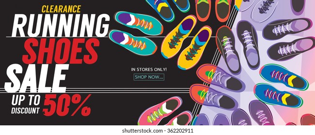Running Shoes Sale 6250x2500 pixel Banner Vector Illustration 