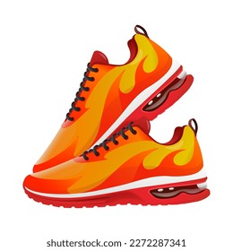 running shoes vector illustration with fire shape yellow and red  isolated on white background